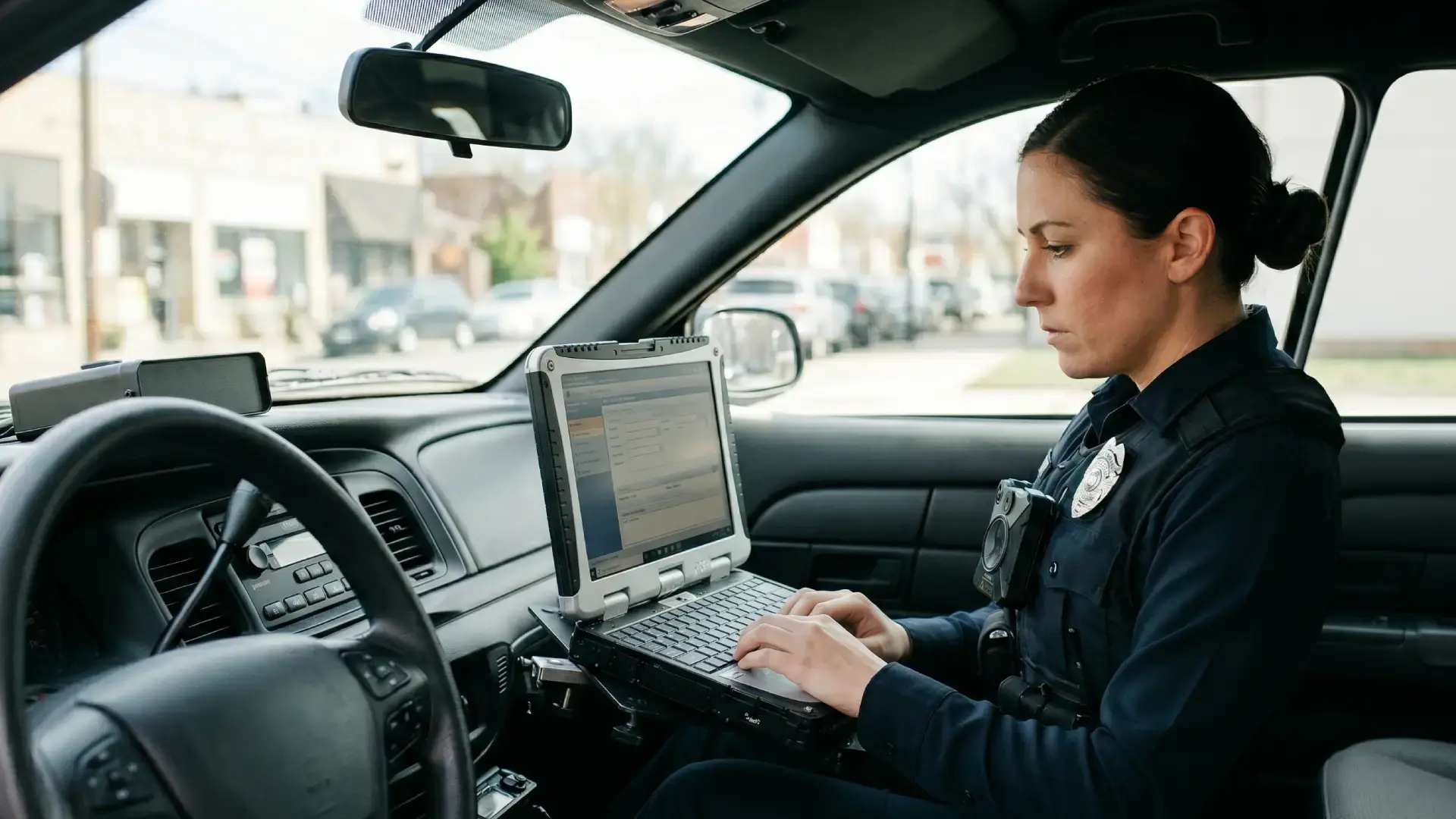 female police officer working on a mounted rugged laptop inside a patrol car.