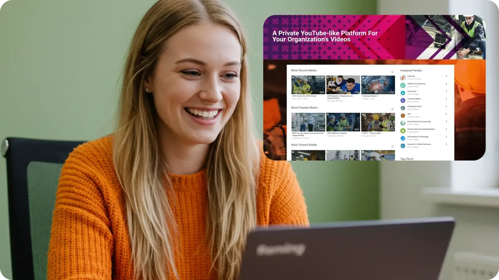 Smiling woman in an orange sweater using a laptop, with an overlay of a secure enterprise video platform interface displaying training and organizational video content.
