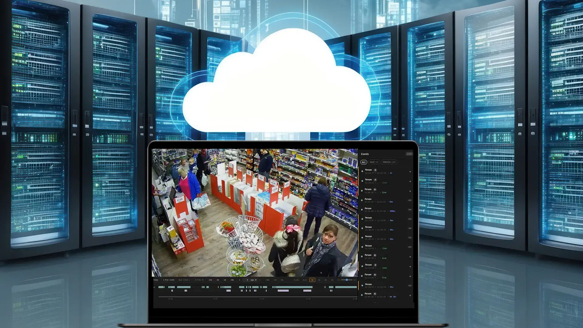 Cloud-based AI video analytics dashboard with retail security camera feed and server racks.