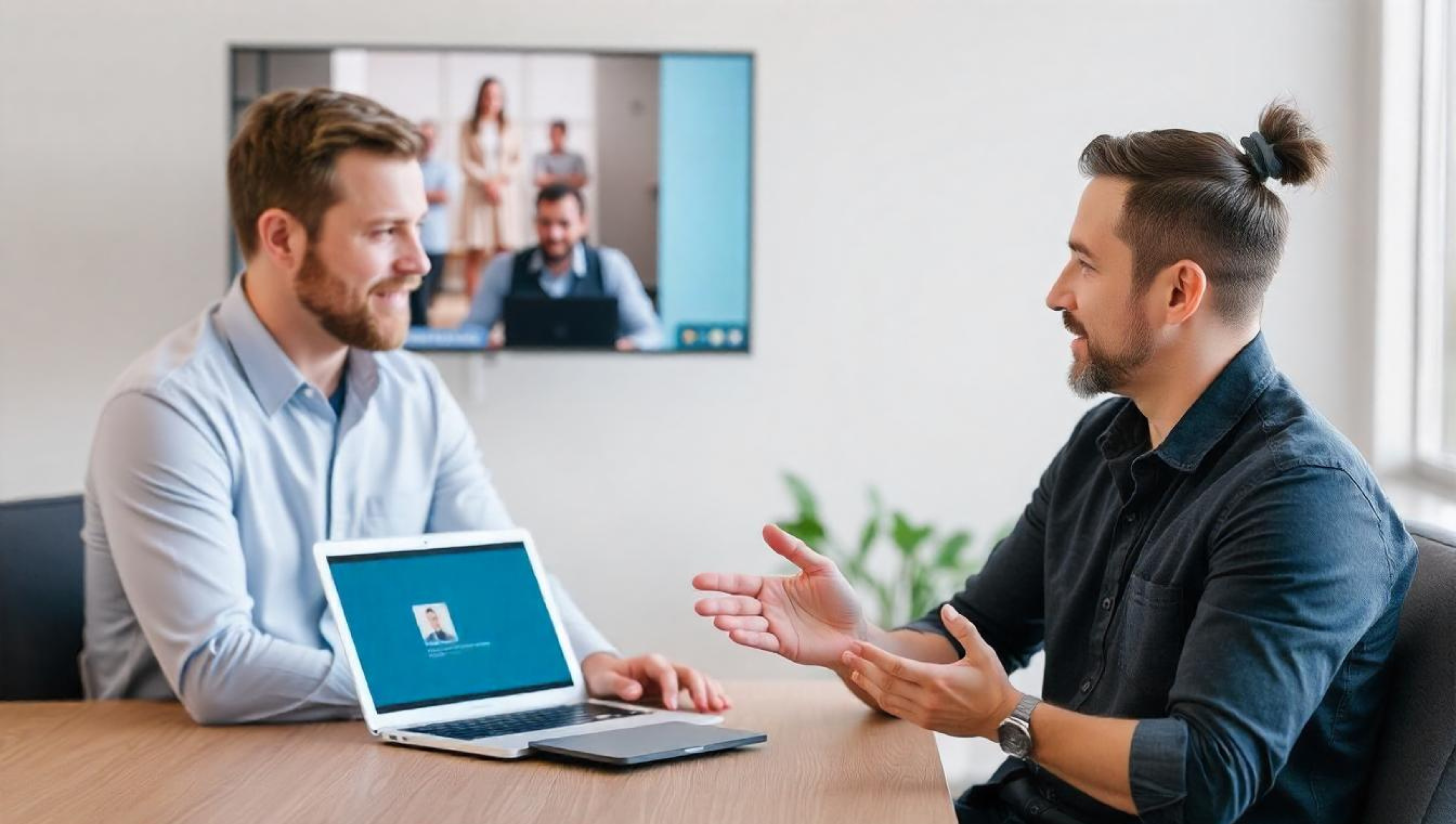 Two colleagues having a discussion in a modern office, with one sitting at a desk with a laptop while the other is on a video call displayed on the screen behind them