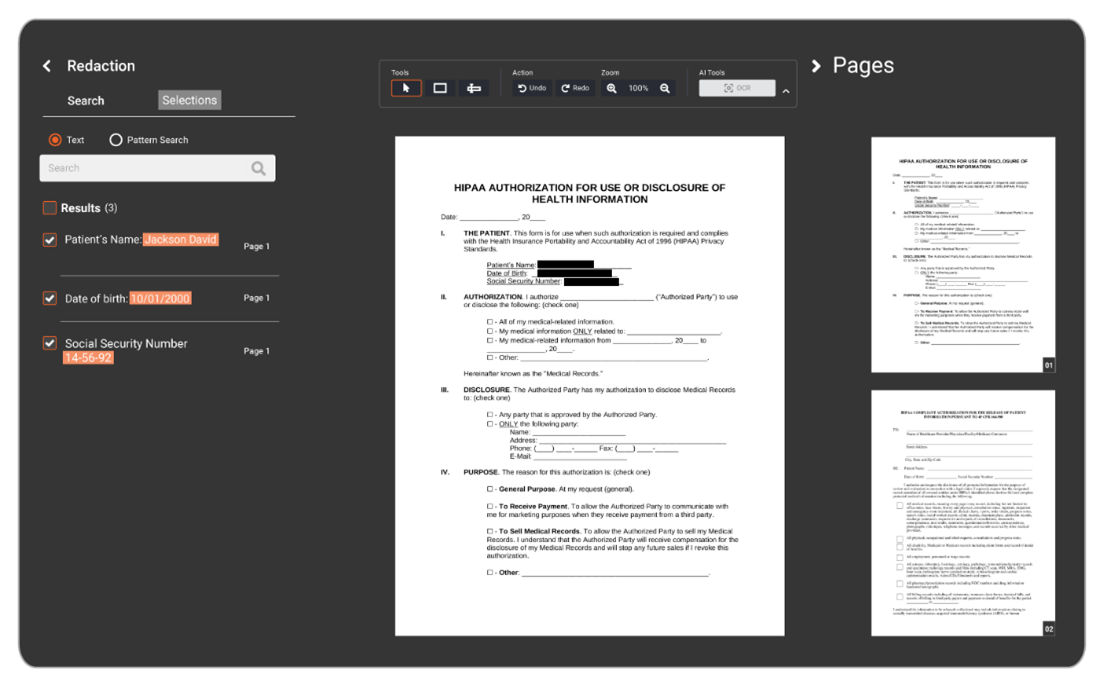 VIDIZMO Redactor showing PII redaction from medical documents