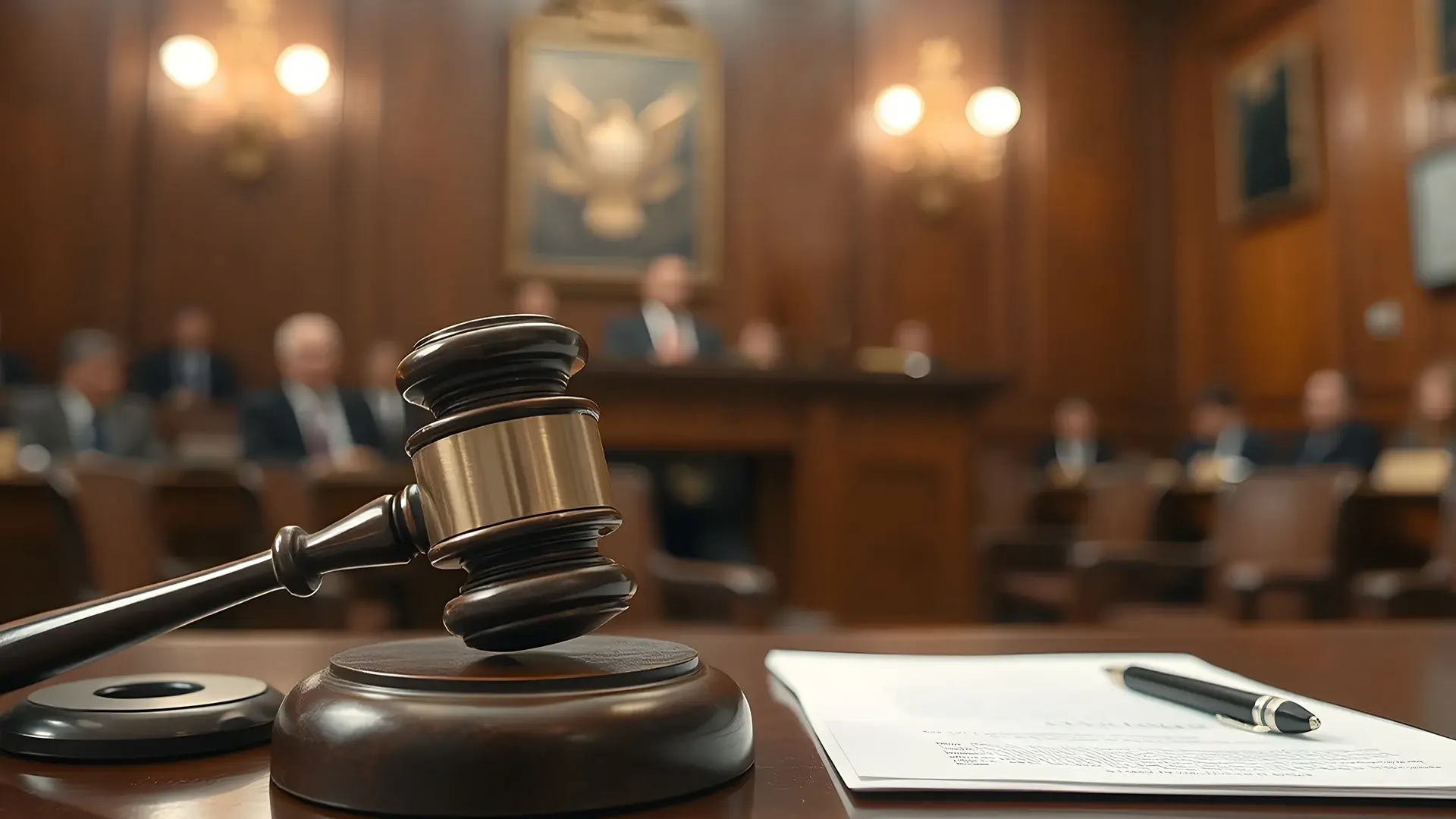 Judge's gavel on a courtroom desk with blurred judges and attendees in the background.