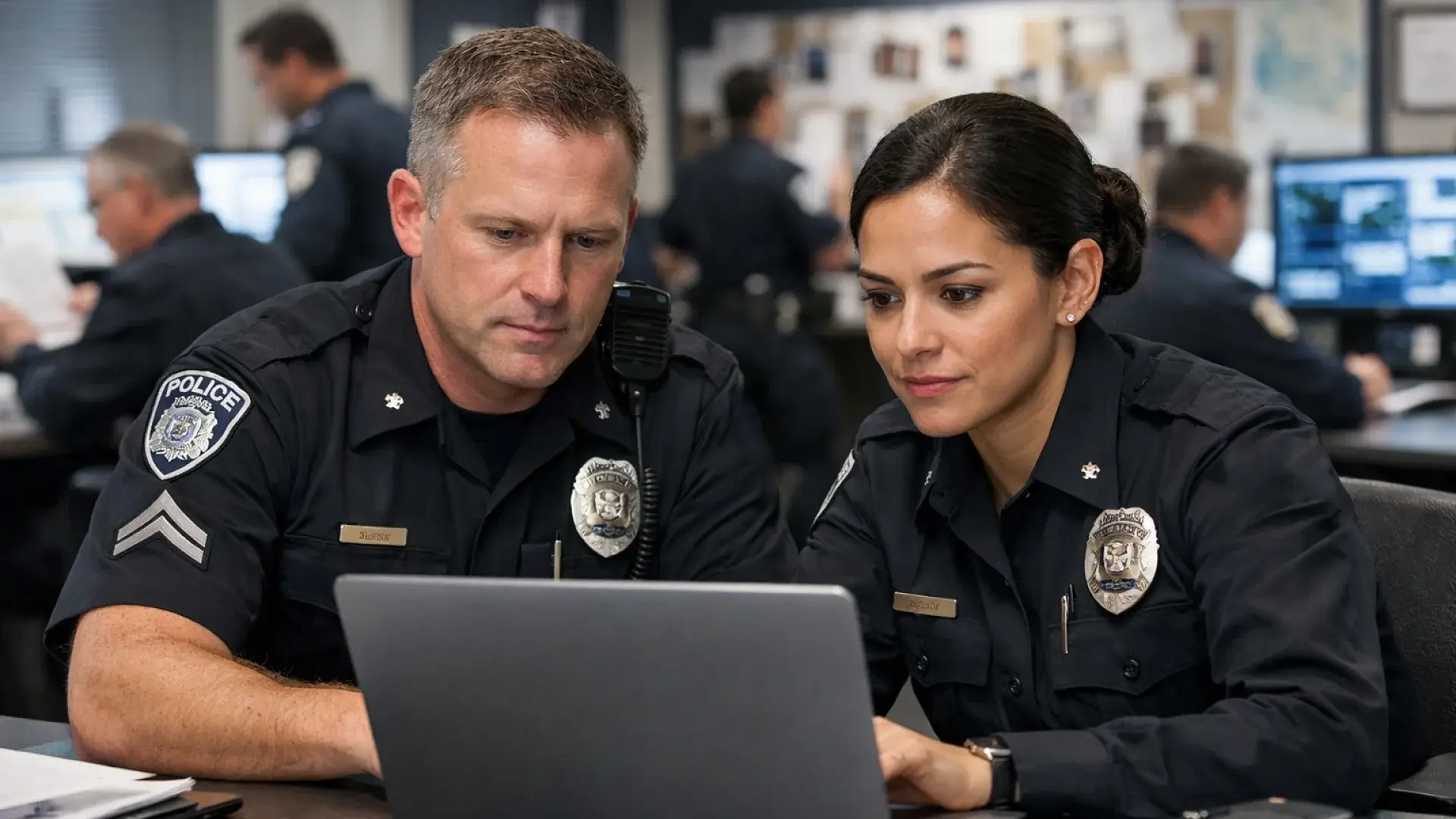 Two police officers using a laptop