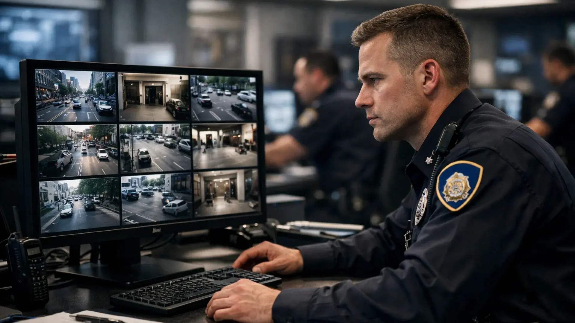 Police officer reviewing body camera footage on laptop with redaction software interface visible