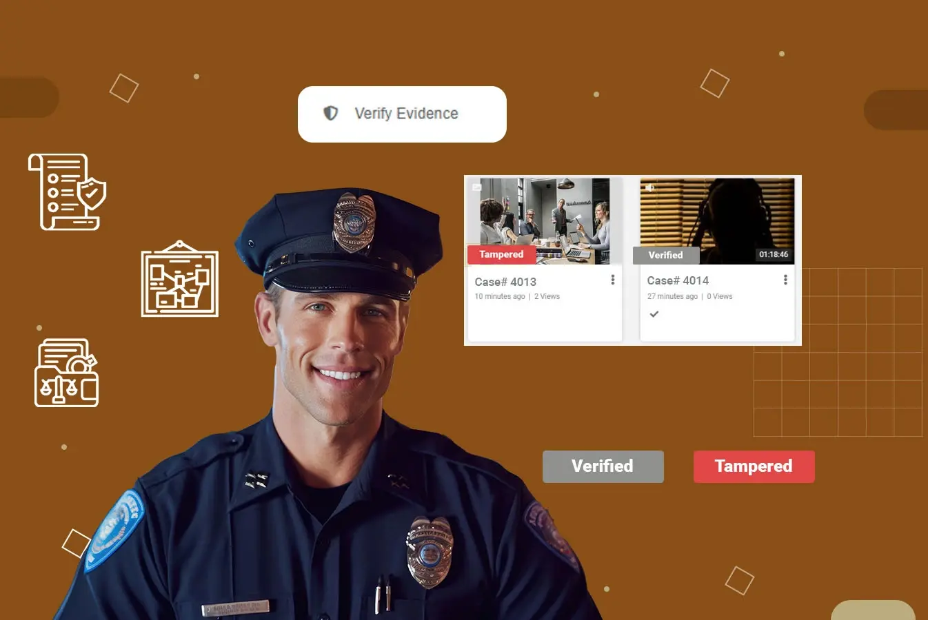 A police officer beside a verified and tampered digital evidence