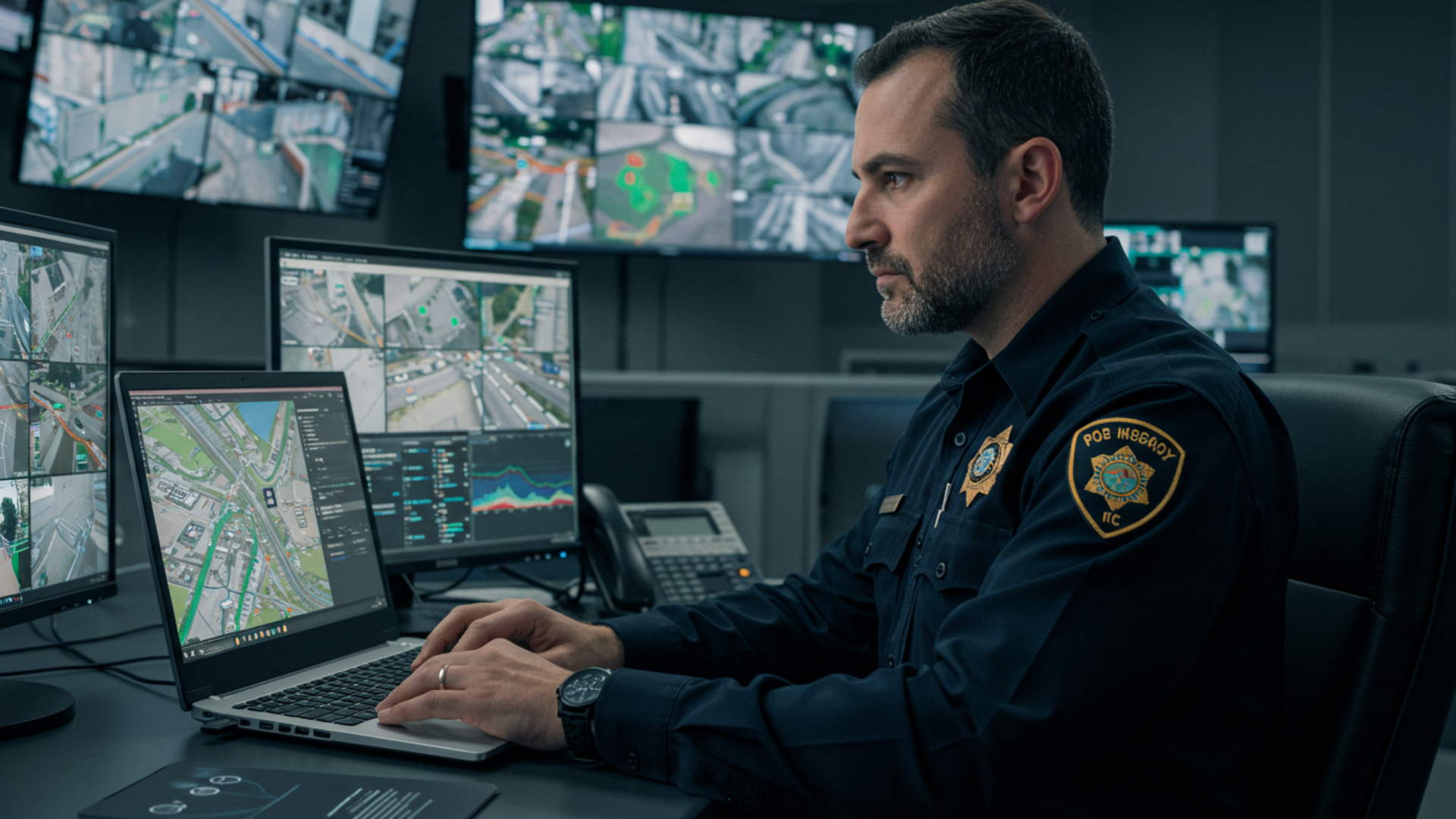 Law enforcement officer monitoring public safety technology systems with AI-powered surveillance, geospatial mapping, and analytics.