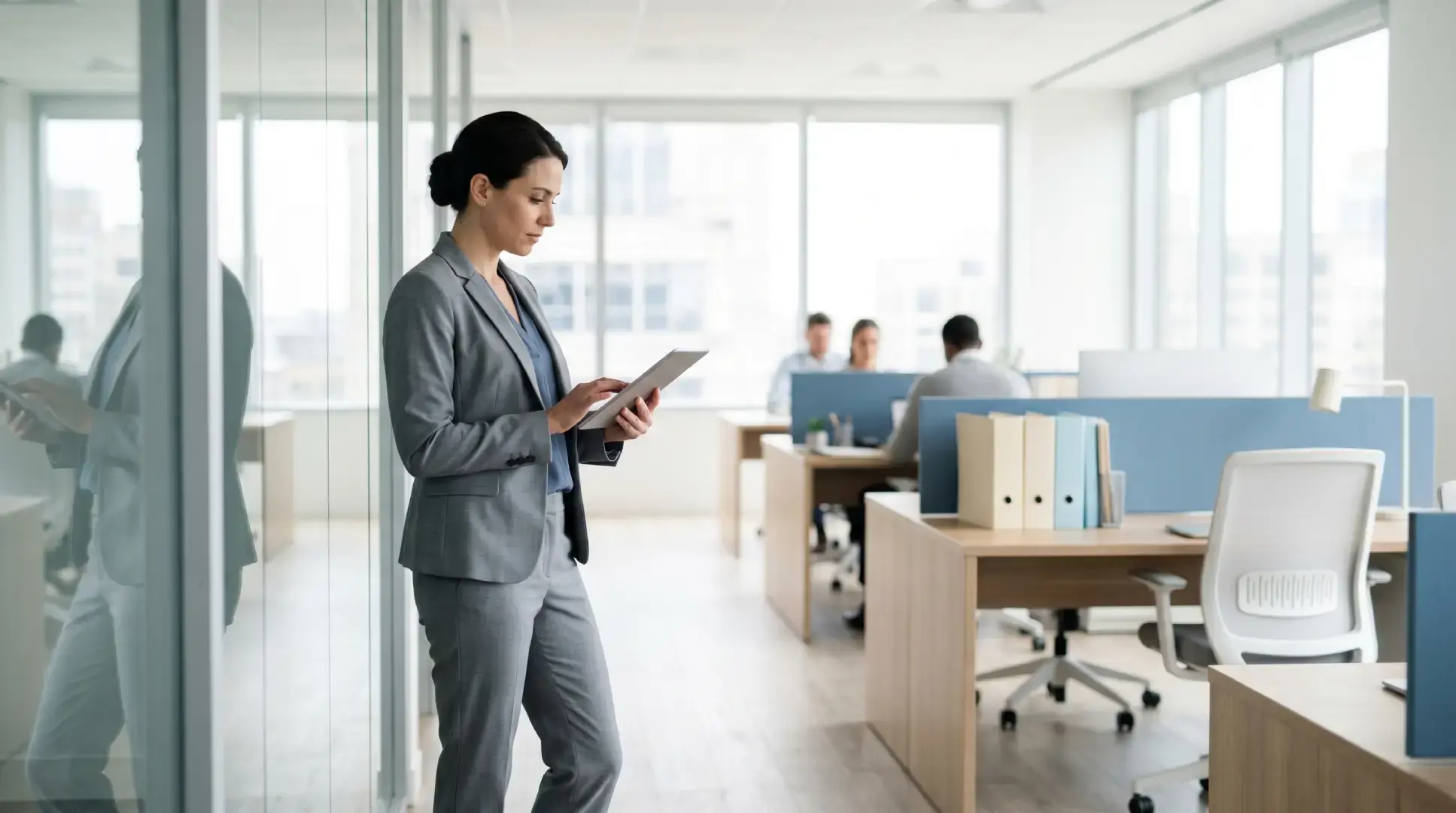 A professional woman in a grey suit reviewing a tablet in a bright, open-plan office.