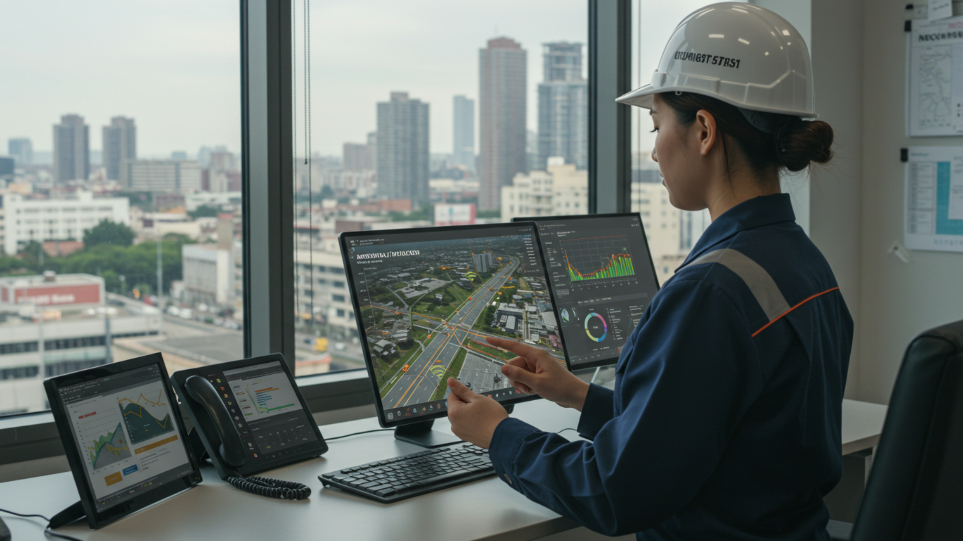 A female public work office is using laptop and watching road footage