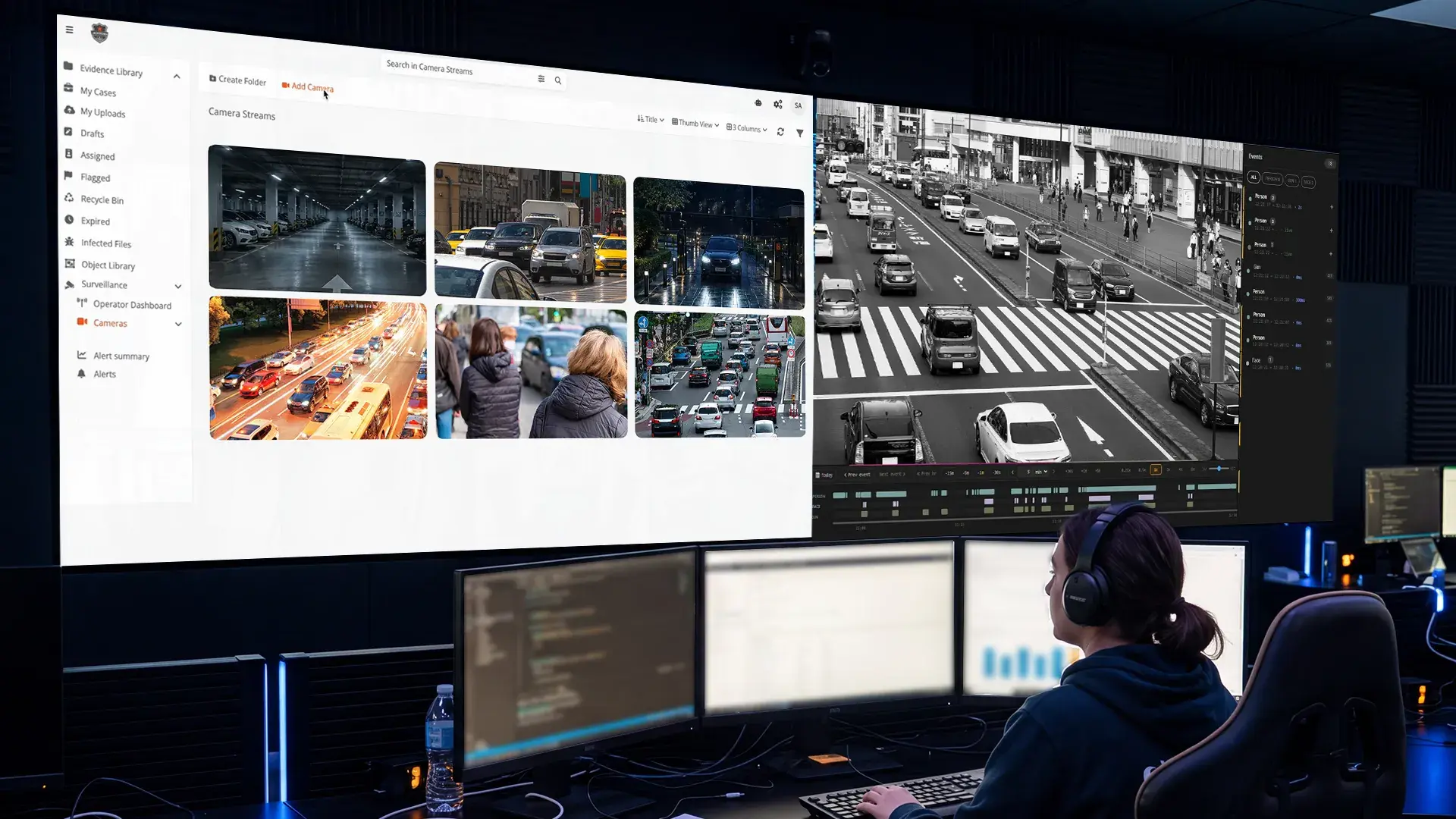 Control room operator monitoring AI-powered video surveillance and multiple live security camera streams on large displays.