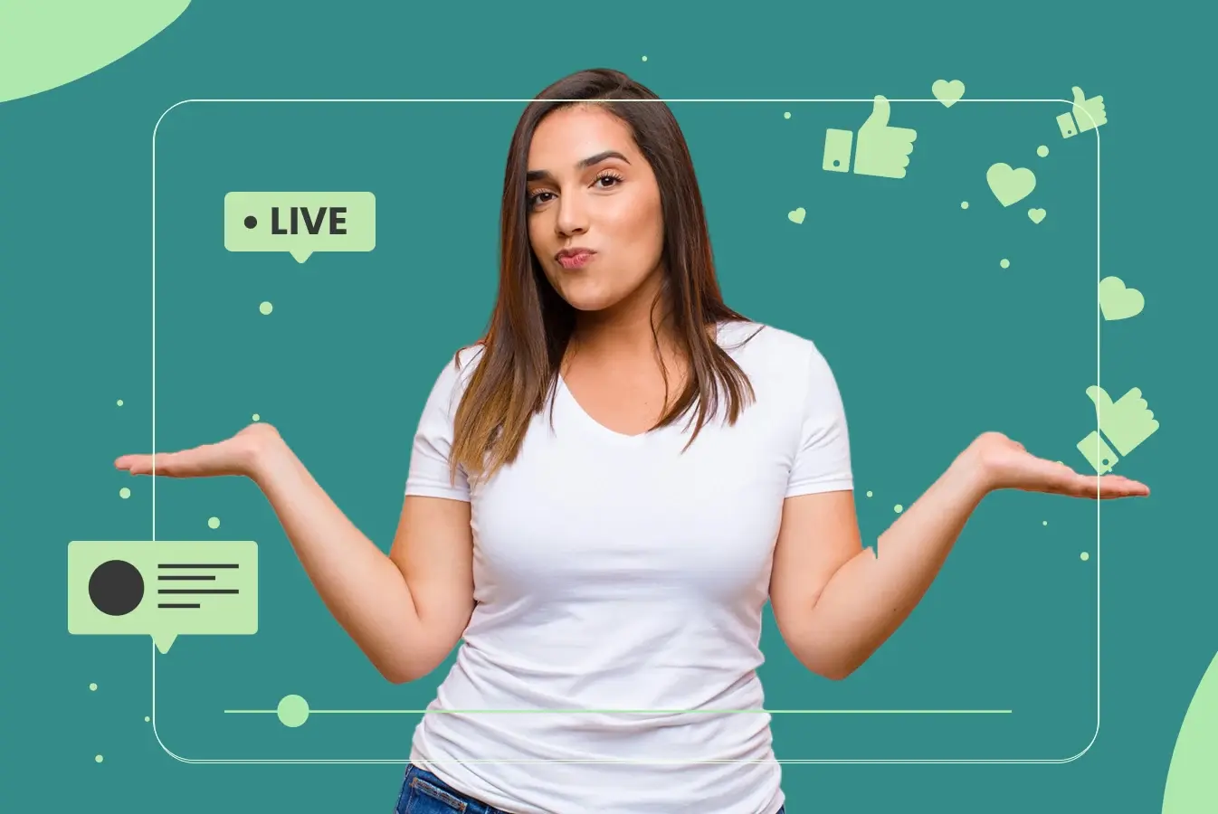 Woman presenting live stream social media graphics.