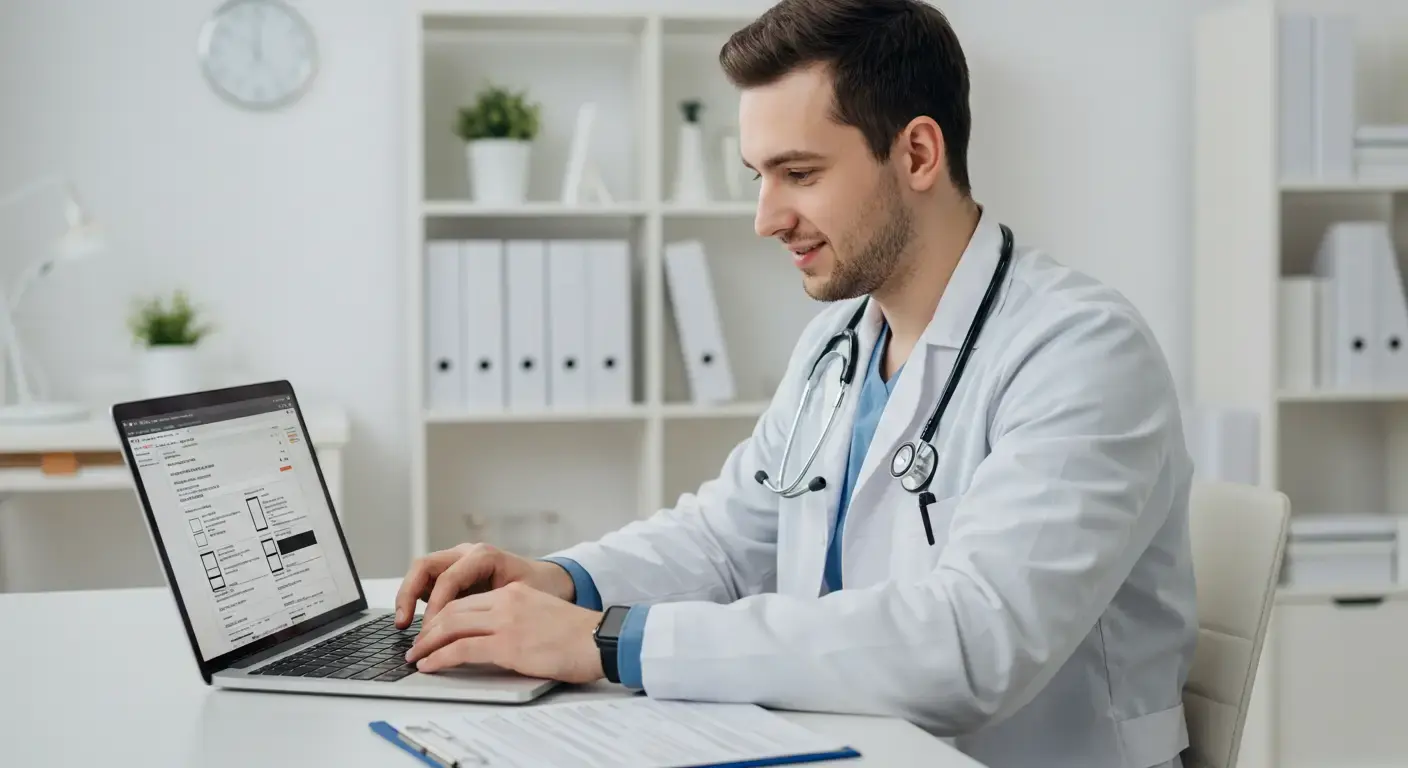 A doctor in a white coat using PII redaction software on a laptop in a medical office with medical documents on the desk.