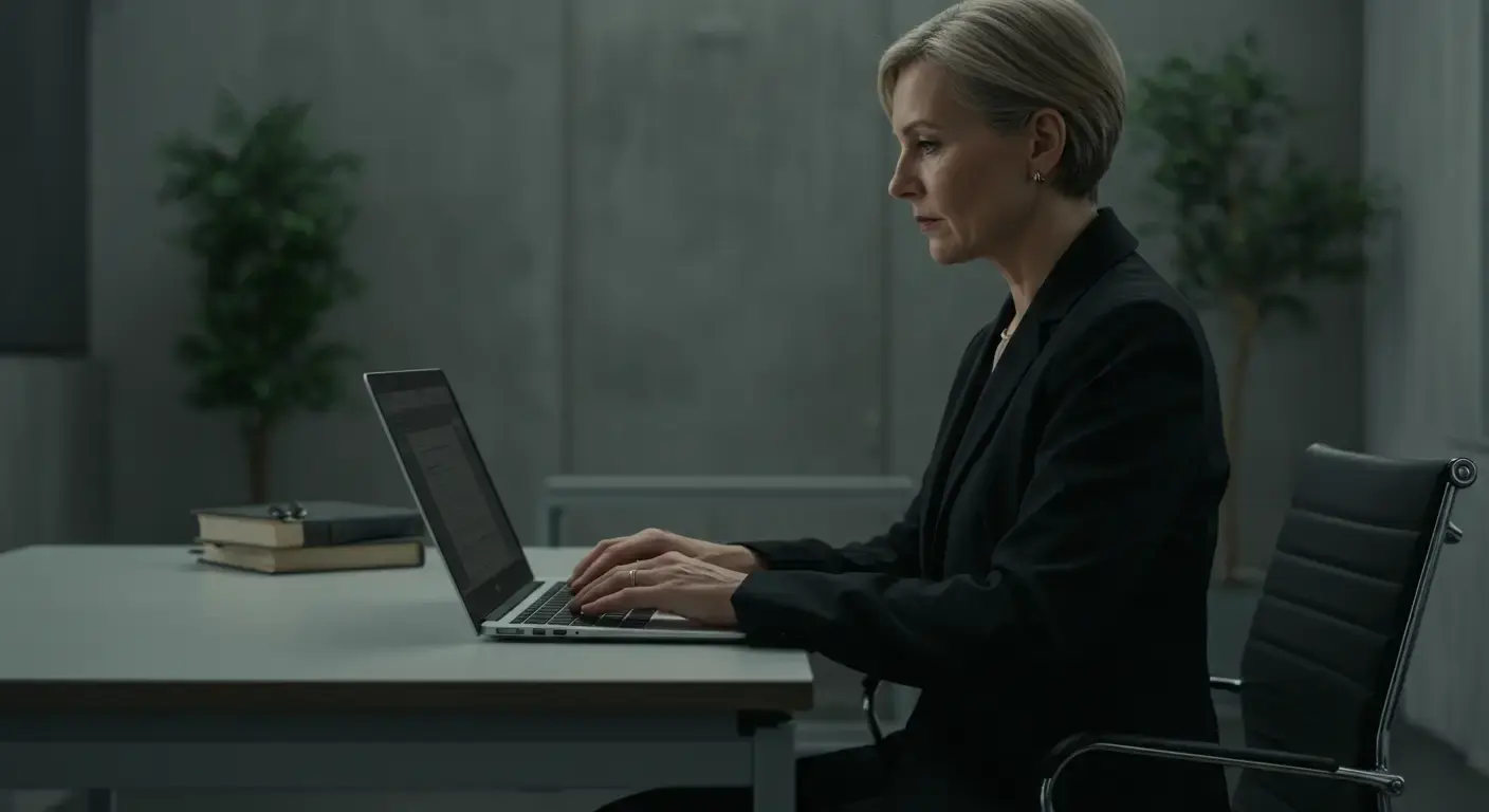 Female prosecutor using laptop in office, managing digital files with digital evidence management for prosecutors software.