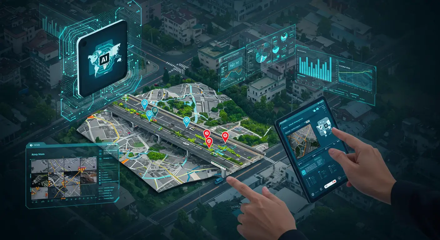 AI-powered infrastructure monitoring with a digital map showing real-time data on highway maintenance issues, such as cracks and light outages, monitored through drones and cameras.