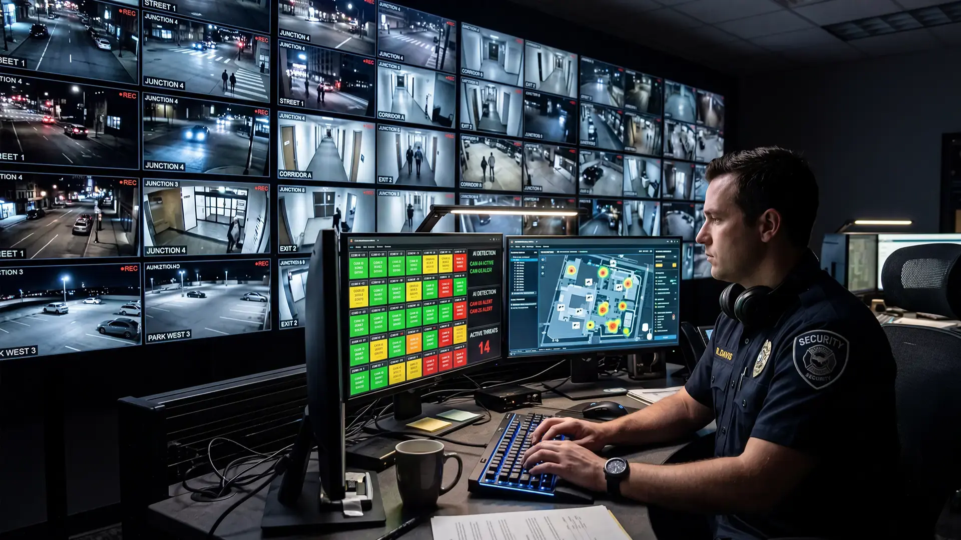 Security operator monitoring multiple surveillance camera feeds on control room screens.