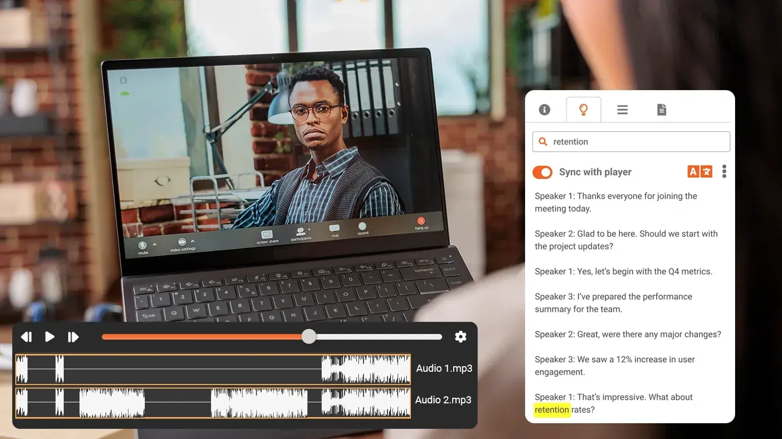 A person using the speaker diarization feature to search and jump to specific timestamps.
