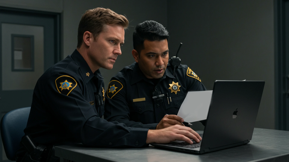 two police officers using a laptop