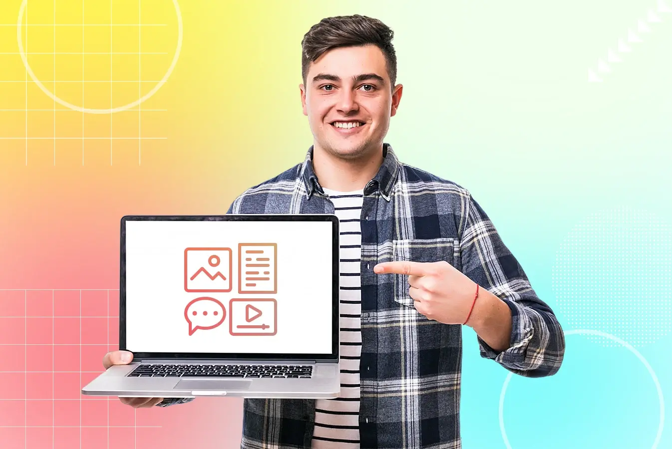 Smiling man presenting laptop screen with digital media icons