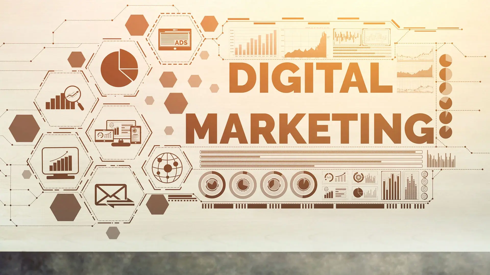 two people discussing about marketing and sales strategies with Enterprise Video Platforms. The word digital marketing is written in the middle with analytics and there is a tablet and a laptop.
