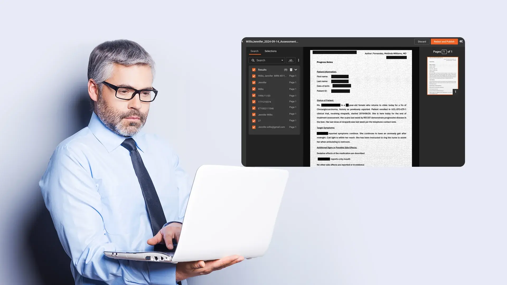 An analyst redacting sensitive information from a document through a redaction software. 