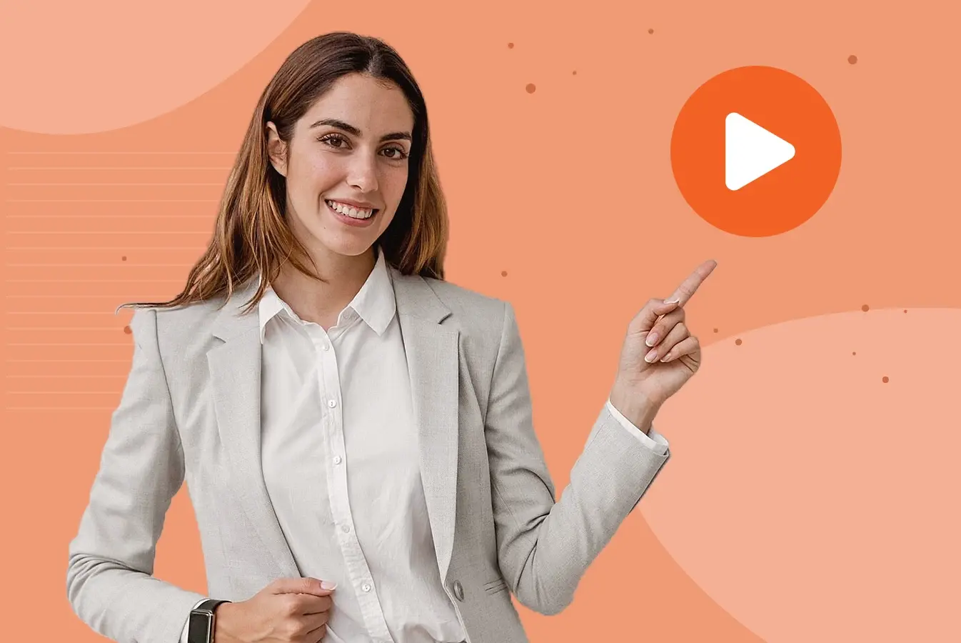 Businesswoman pointing at play button on screen