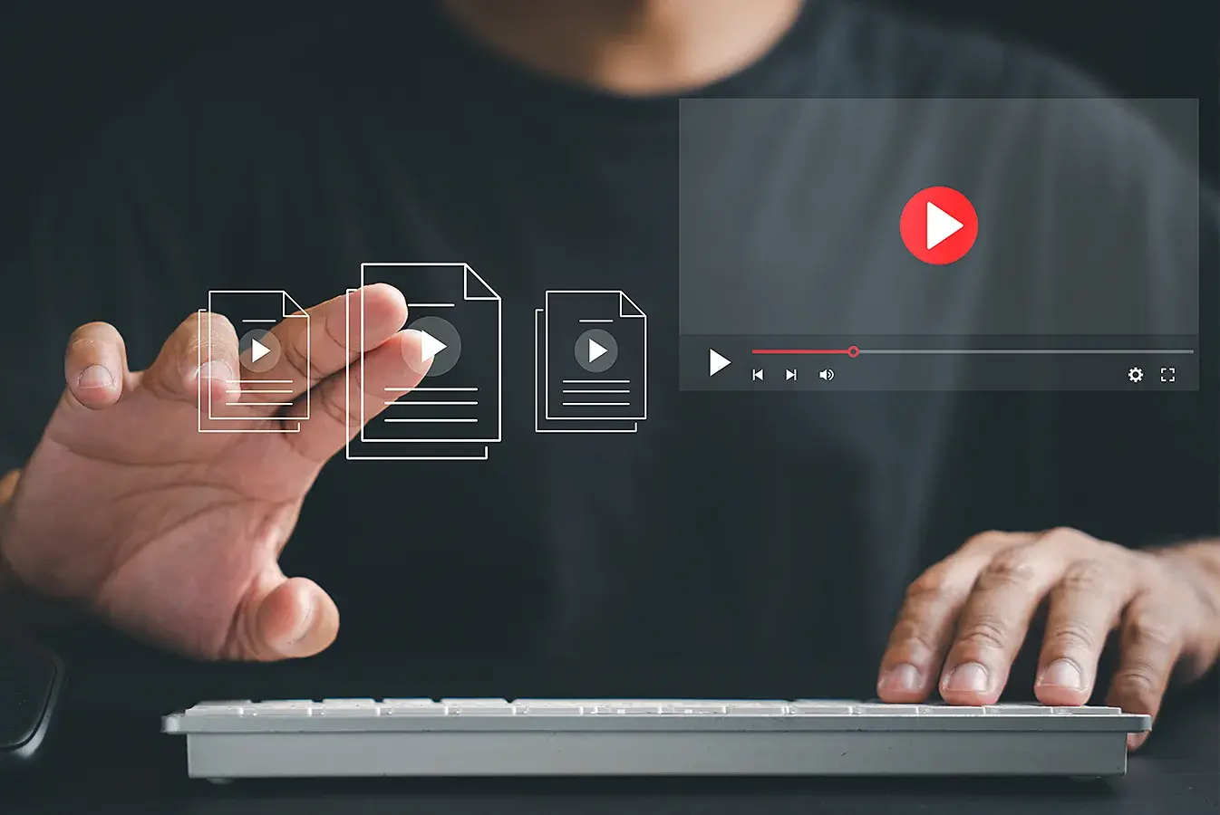 A picture of a hand on document icon on a video player demonstration video transcription