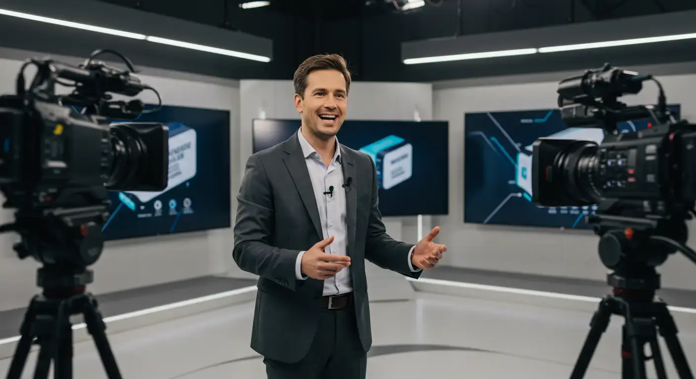 A CEO hosting a live webcast during a product launch, engaging with a global audience.