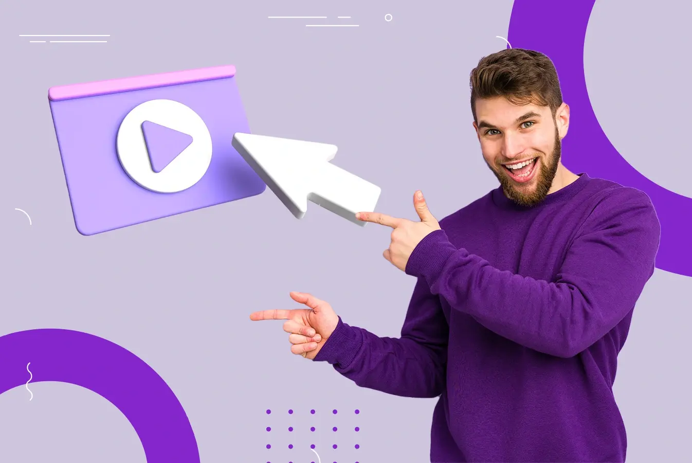 Man in purple sweater pointing at play button icon