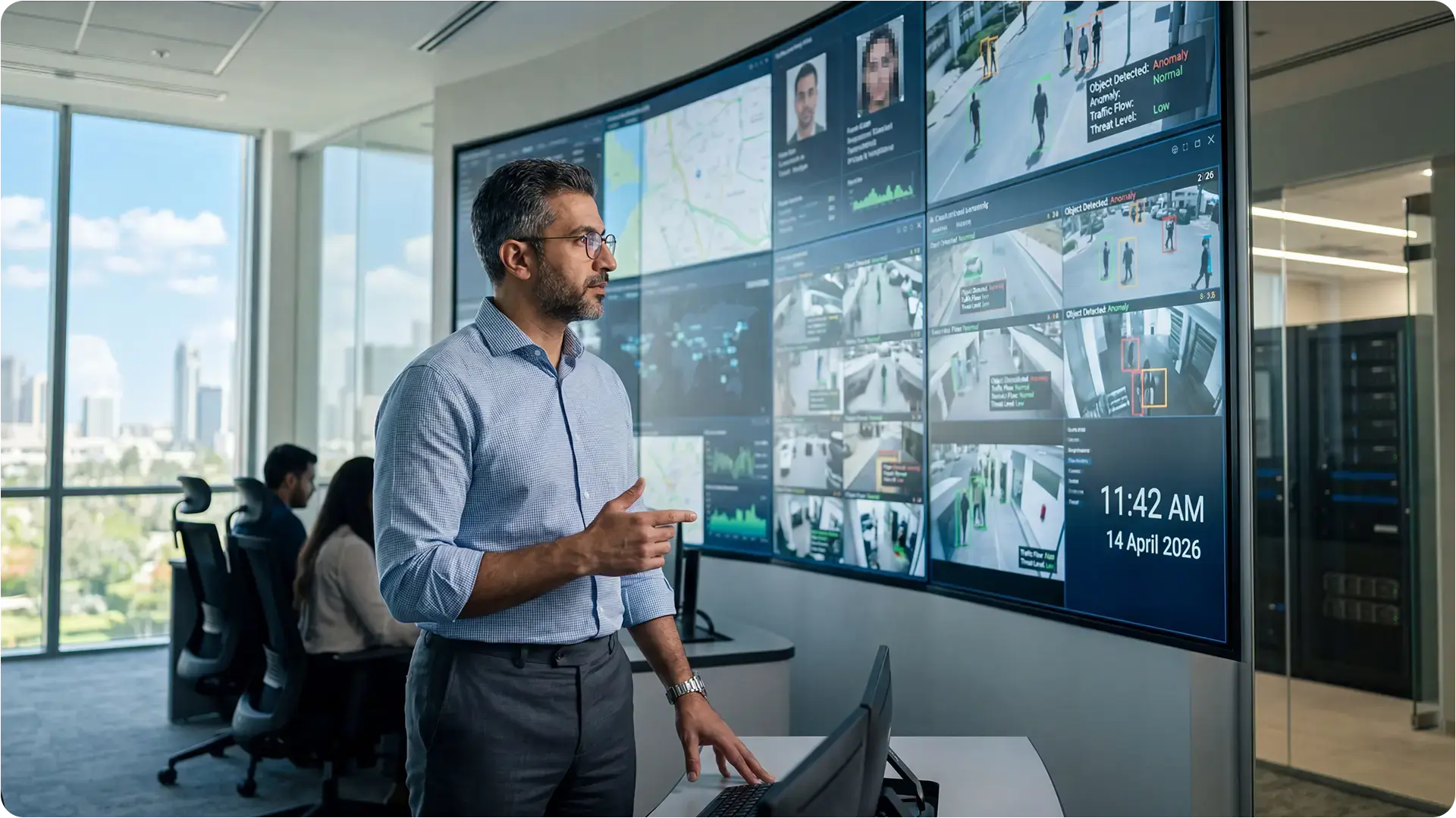 Security operations analyst monitoring AI-powered video surveillance dashboard with threat detection across multiple camera feeds
