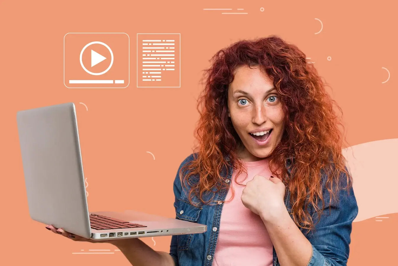 Excited woman holding a laptop with graphic icons