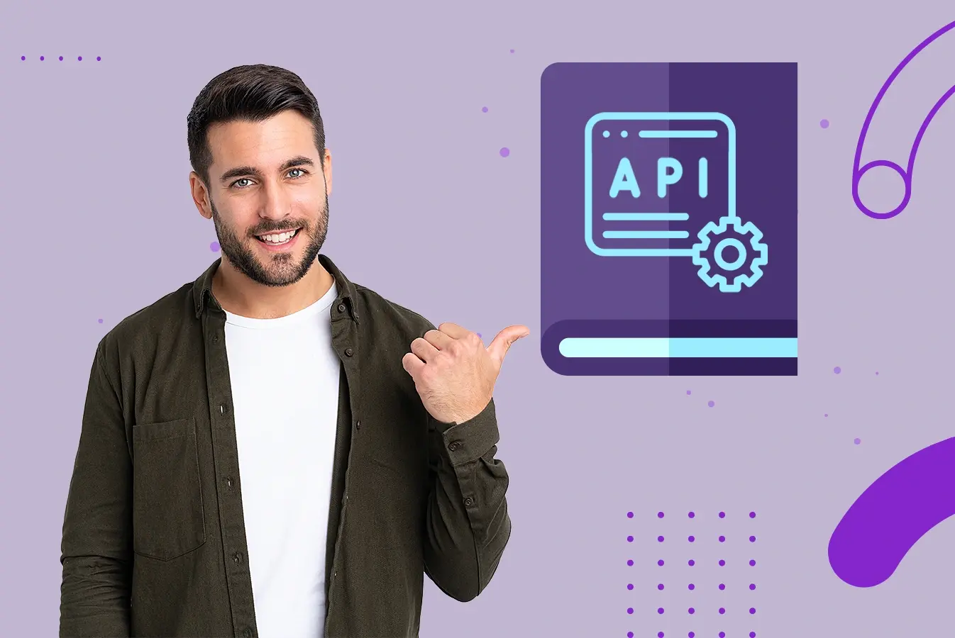 Man pointing at API concept illustration on screen