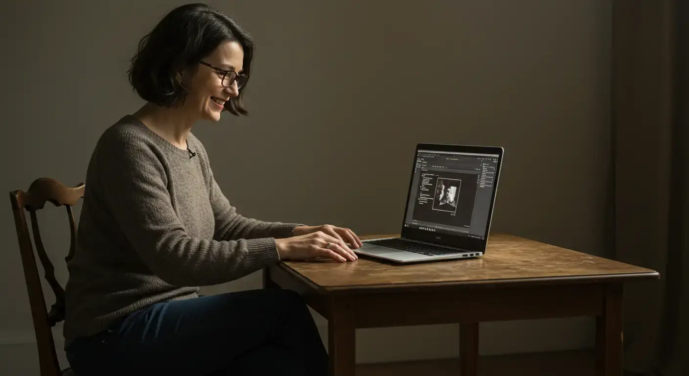 A smiling woman sits at a table, and looks at a laptop showing a video transcription.