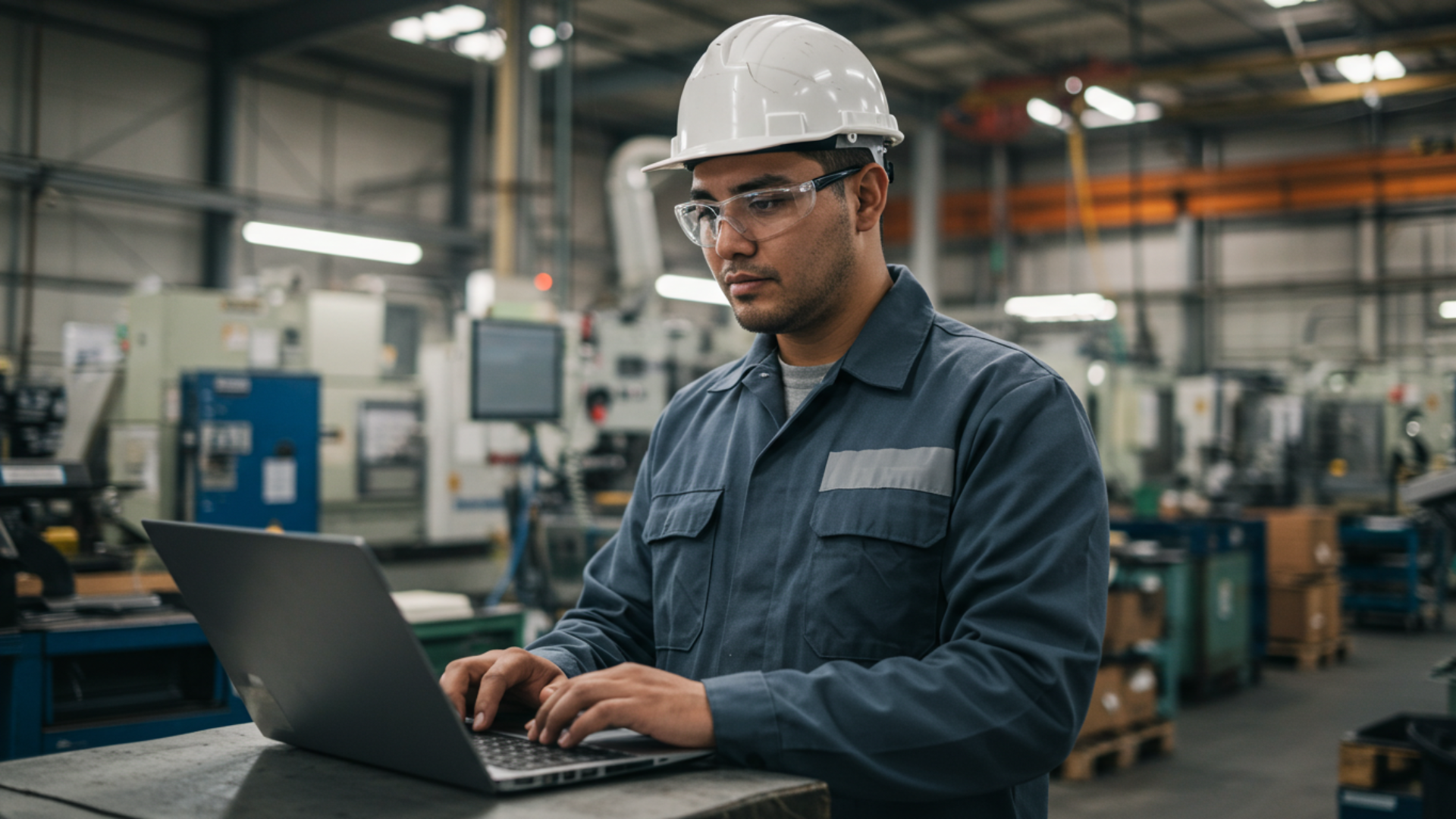 a safety worker checking video analytics for manufacturing on laptop