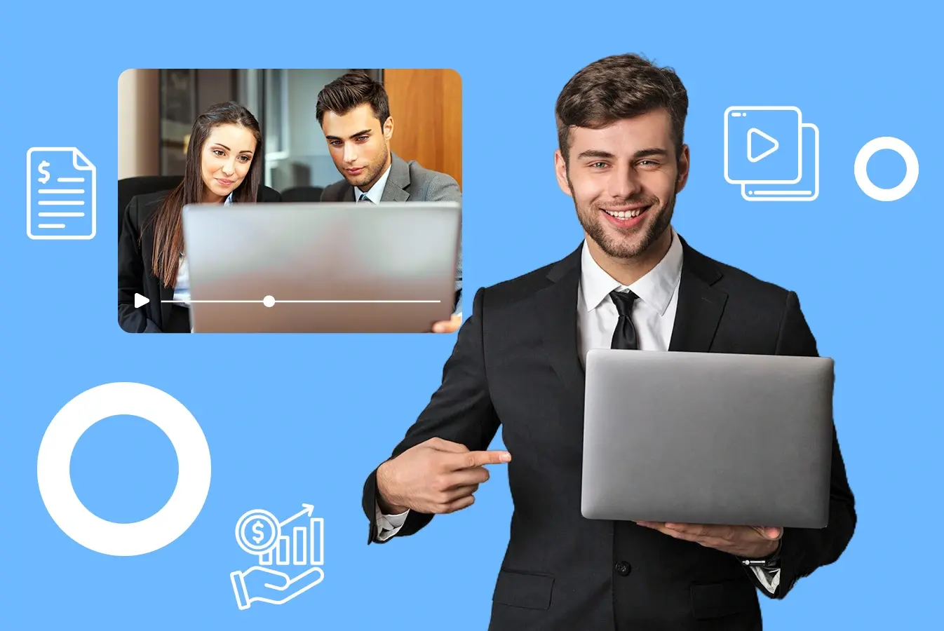 Businessman with laptop presenting online meeting concept.