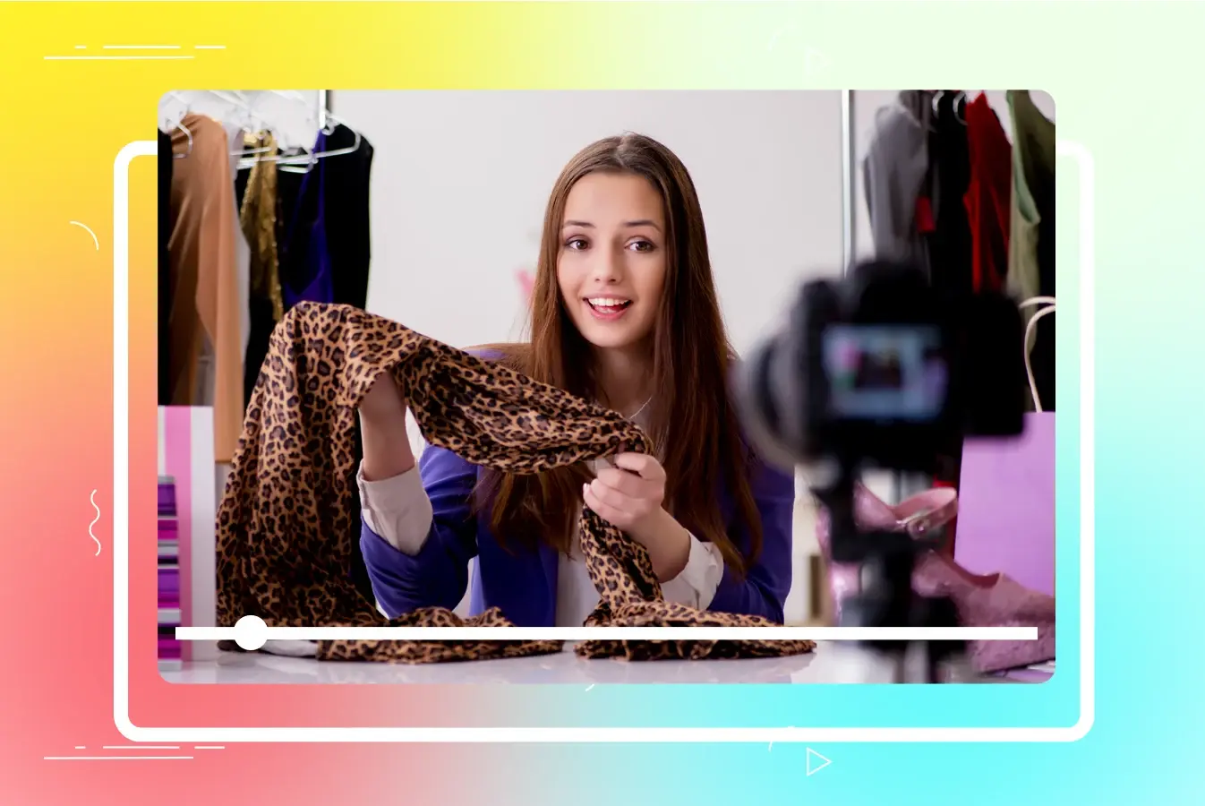 Woman showing leopard print scarf on video blog