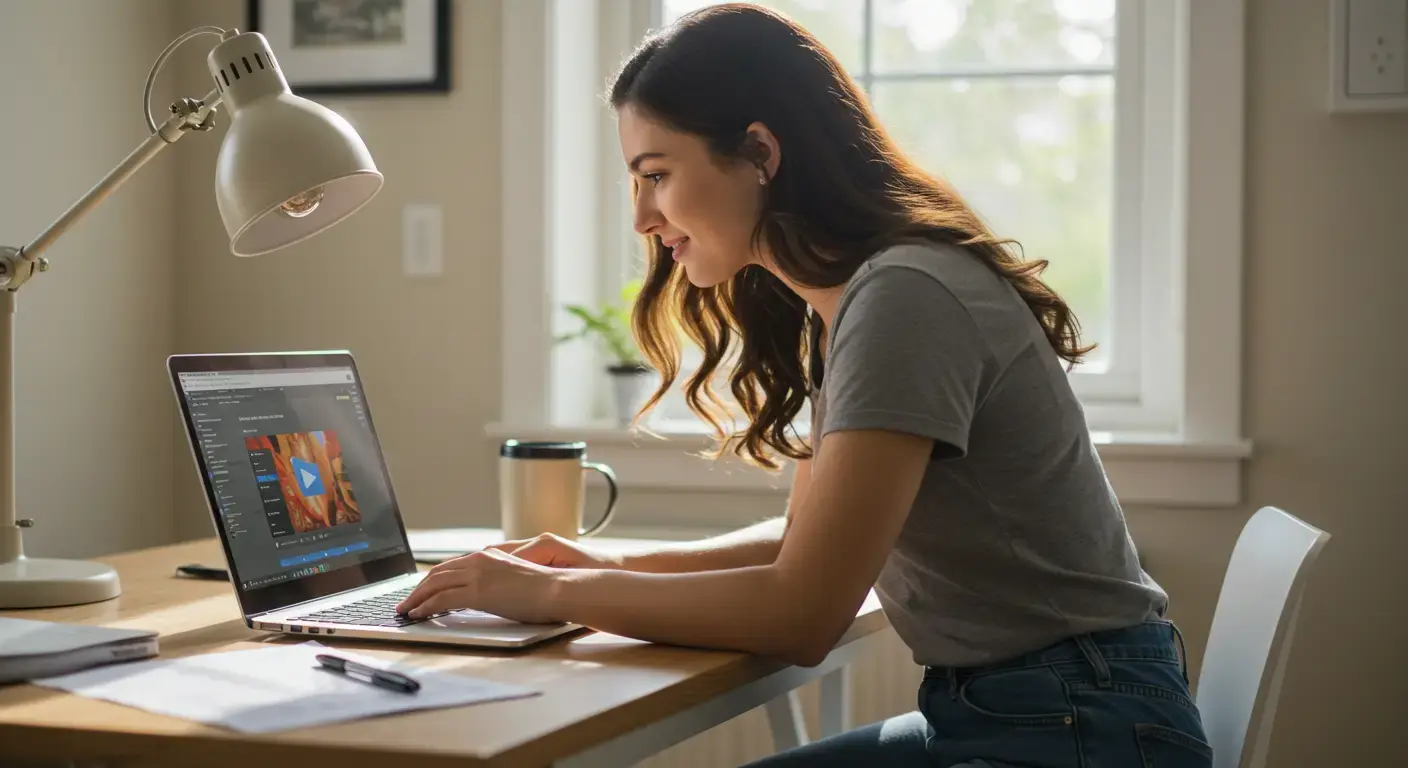 A woman watching and interacting with a video on her laptop, with a cup of coffee on the table and natural sunlight coming through a window.