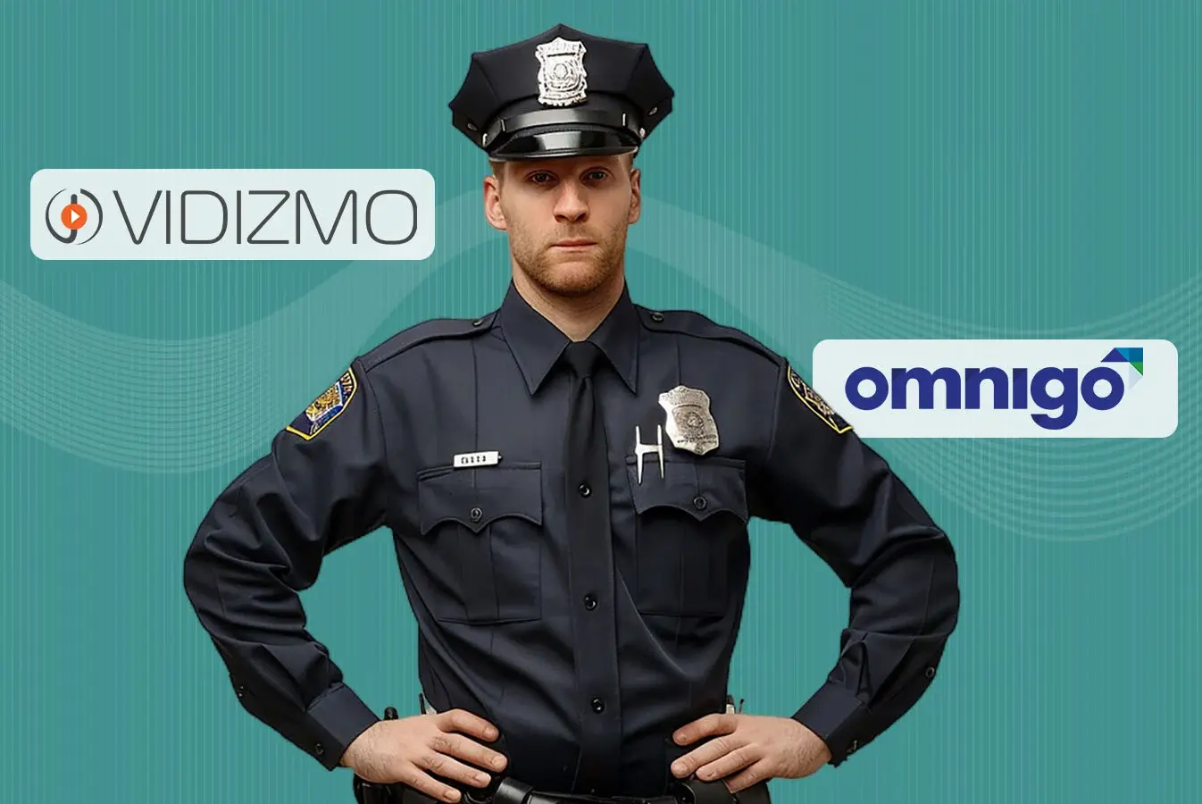 A police officer standing between VIDIZMO vs Ominigo logos