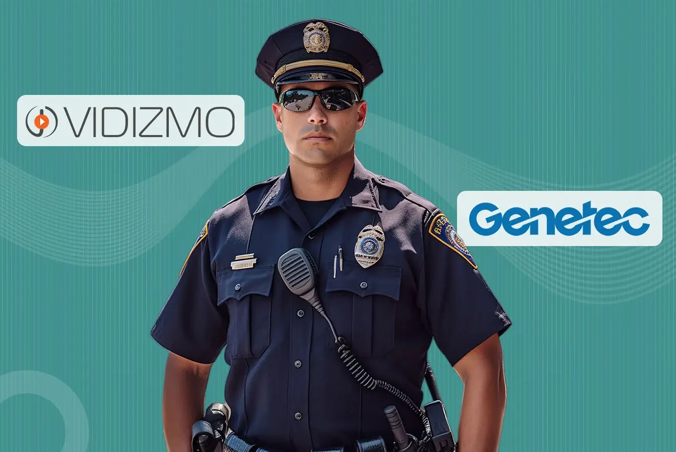 A police officer standing between VIDIZMO and Genetec logo