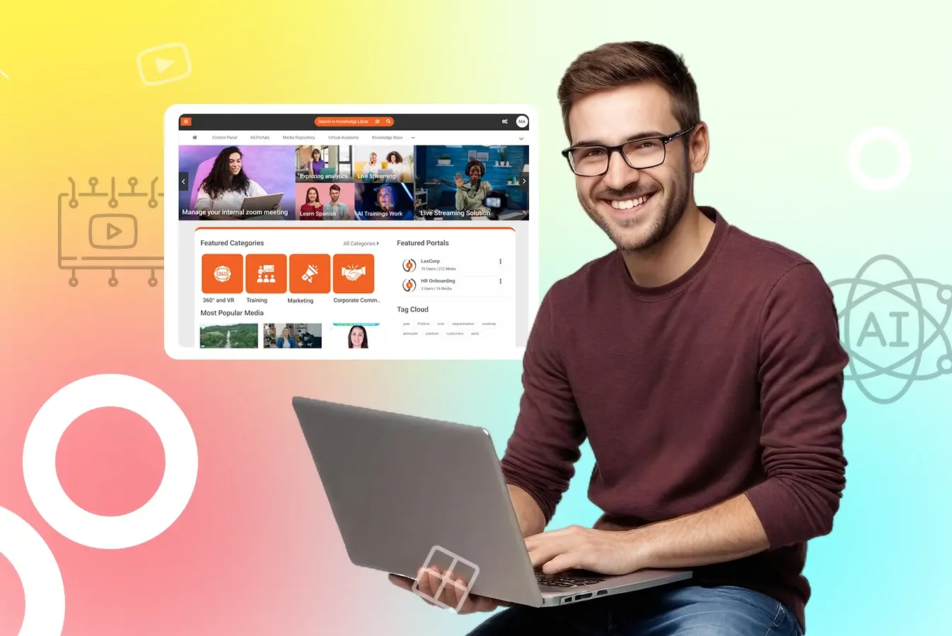 Smiling man holding laptop with colorful background