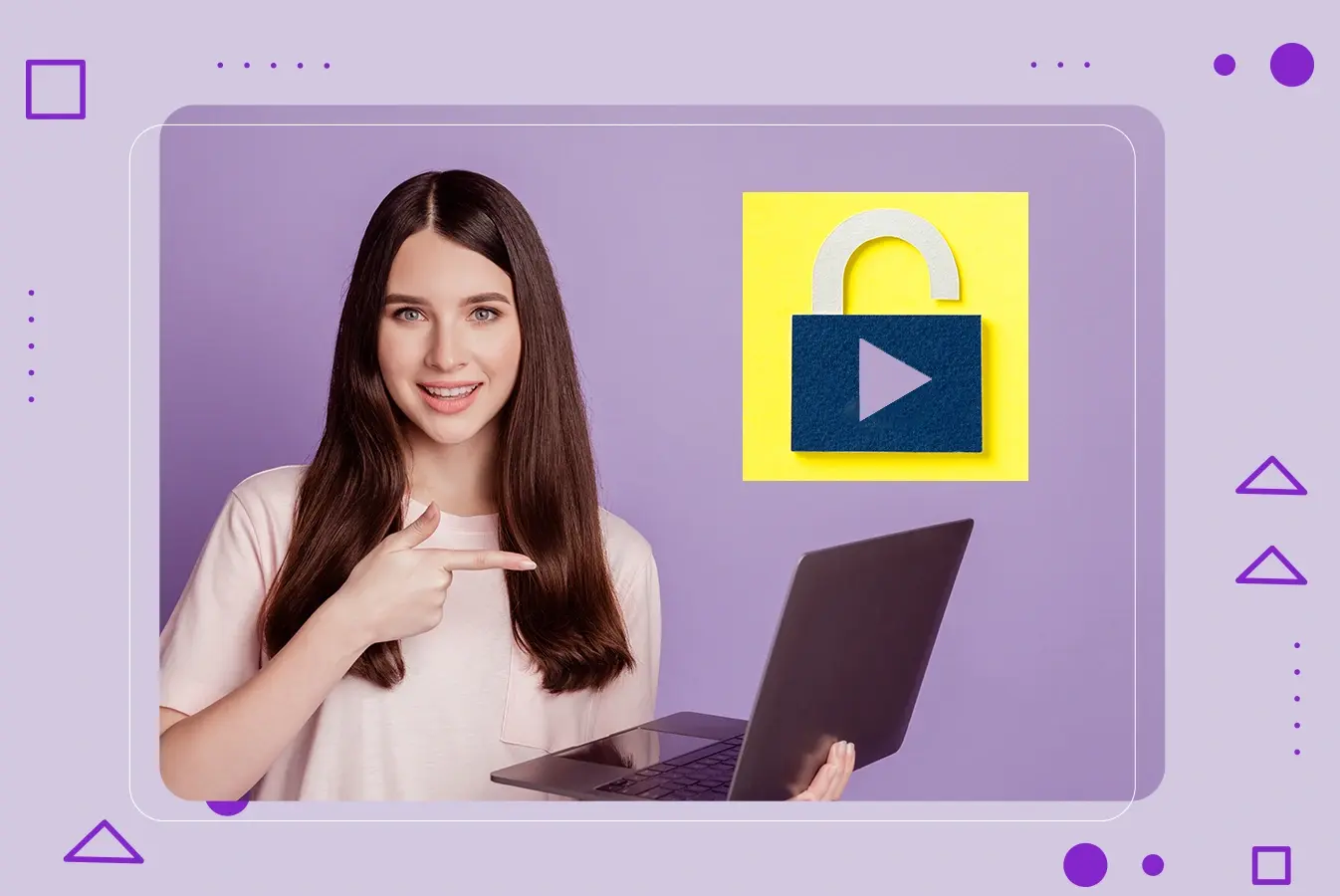 A woman holding a laptop with a lock icon on an image