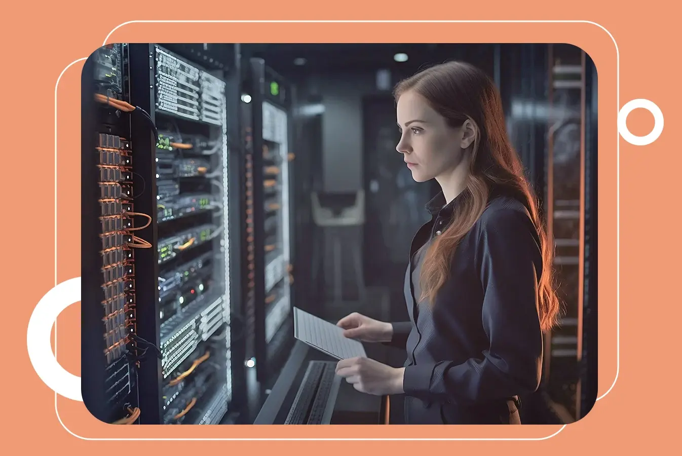 Woman technician inspecting server racks in data center