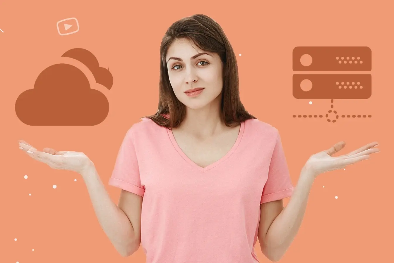 Woman comparing cloud storage and server hosting options.