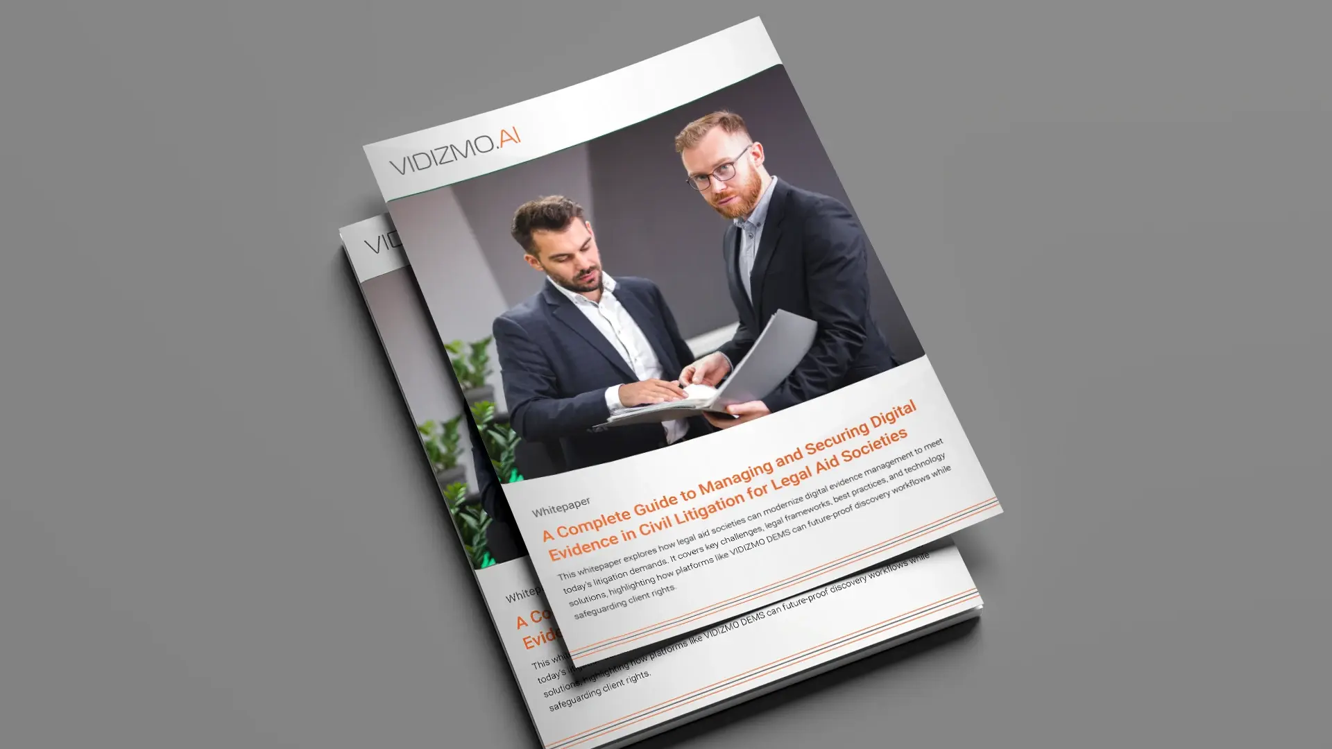 Cover of VIDIZMO whitepaper on managing and securing digital evidence in civil litigation for legal aid societies. 