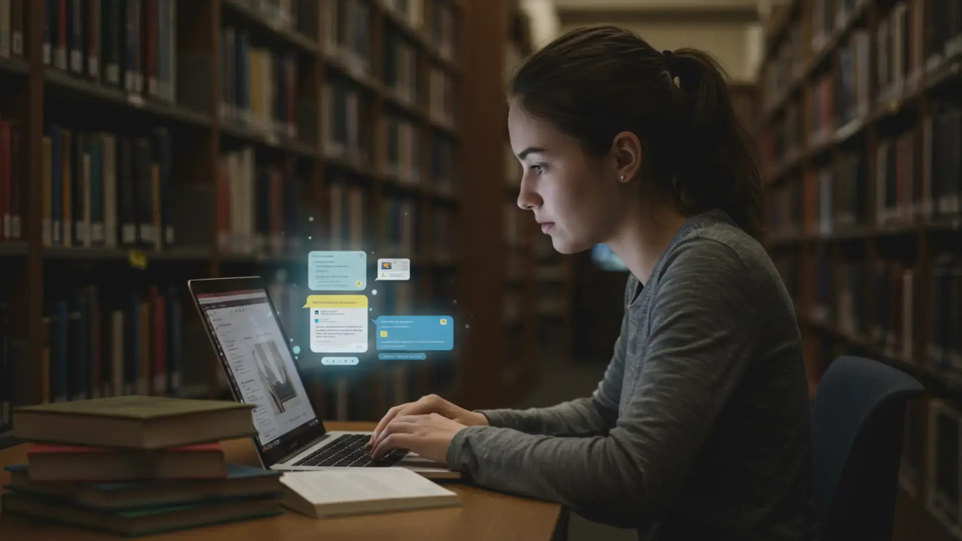 A focused student sitting at a desk in a library, working on a laptop surrounded by books, with chatbot interface holograms appearing above the laptop screen