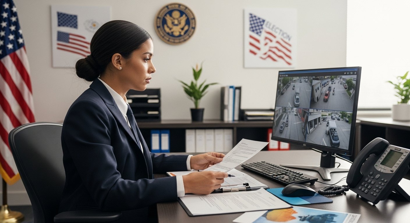State government employee monitoring election footage on a screen in a secure administrative office, symbolizing transparency and digital governance.