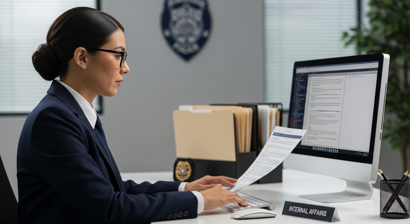 Internal affairs officer reviewing AI-generated interview transcript on a computer screen in a secure office setting, with law enforcement files and digital tools visible in the background.