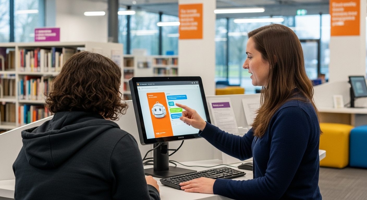 A public librarian assists a patron with a digital kiosk in a modern library, where they are interacting with a chatbot interface or personalized book recommendations.