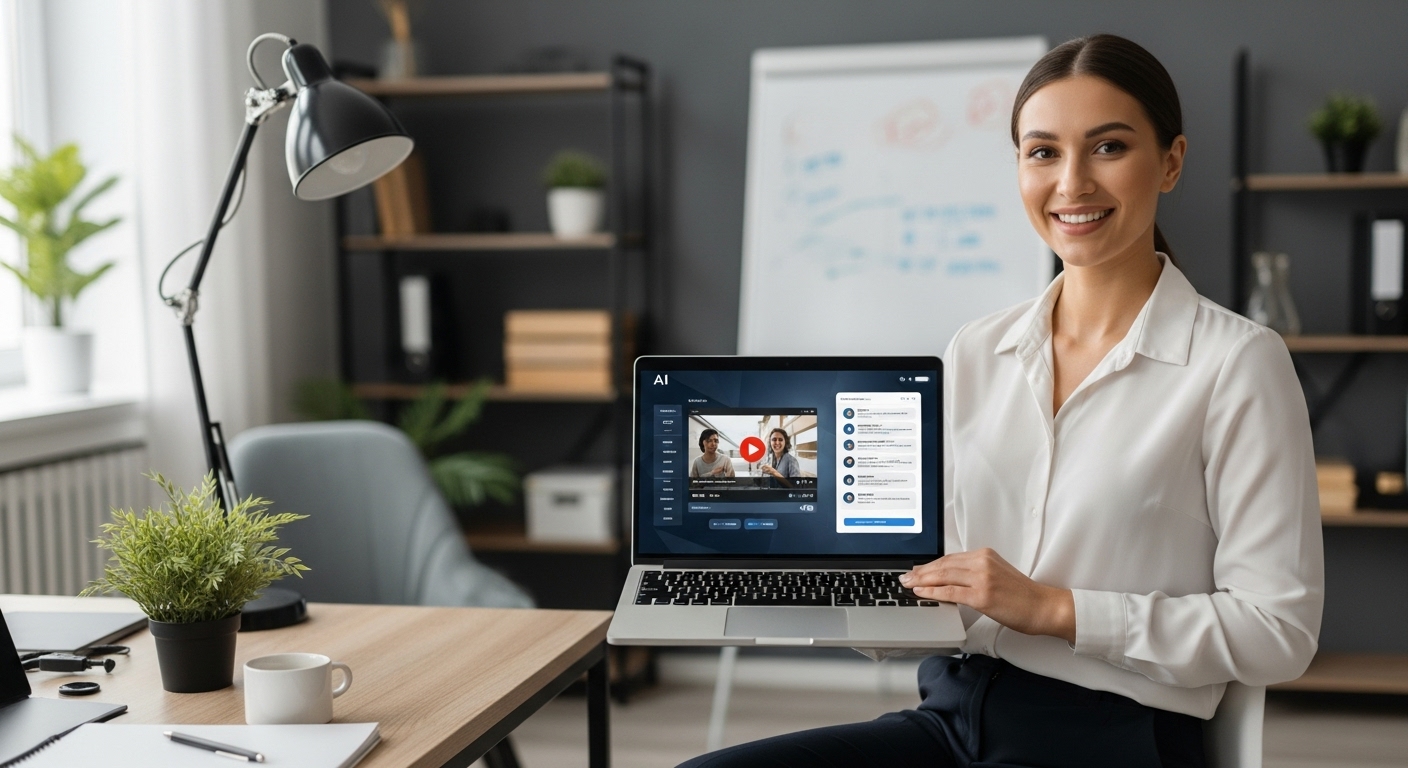 Smiling IT professional holding a laptop with AI chatbot and video content on the screen, symbolizing productivity and modern technology in the workplace.