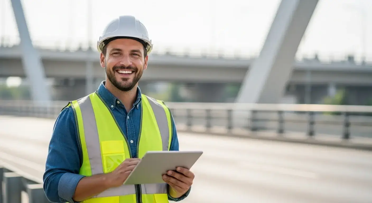 A smiling male city transportation engineer in a safety vest, holding a digital tablet, standing near a bridge, representing AI-driven innovation in transportation.