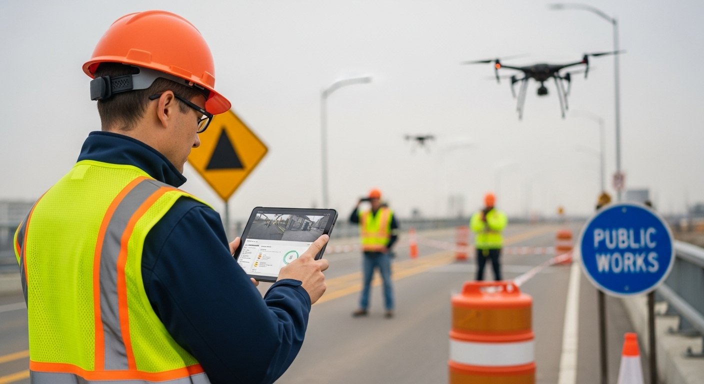 A public works engineer in a safety vest and hard hat reviews infrastructure data on a tablet at a construction site, with traffic signs and inspection drones in the background.