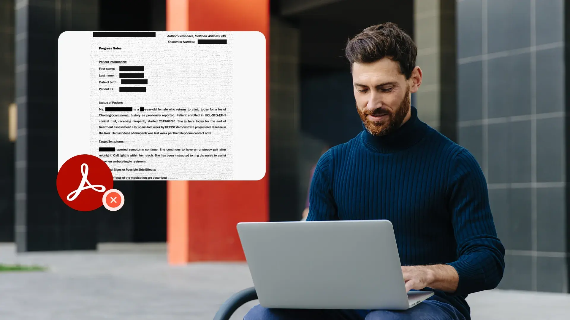 Man using a laptop outdoors with a document/PDF error icon displayed on screen.